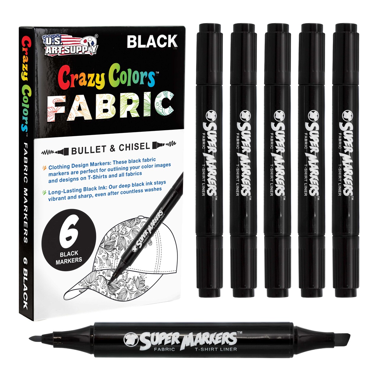 U.S. Art Supply Super Markers Black Dual Tip Fabric Markers Permanent for Clothes - Set of 6 Fabric Pens with Permanent Ink, Double-Ended with Chisel Point and Fine Point Tips